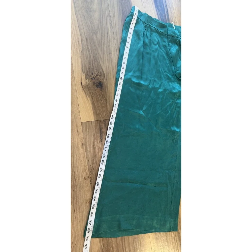 💚Free People Satin Palazzo Pants L Emerald Green Wide Leg High Rise Viscose